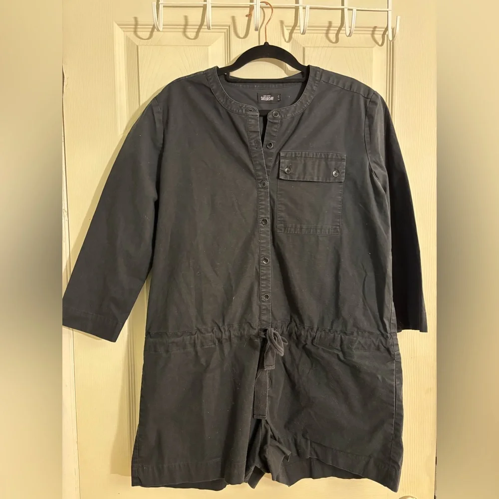 Kate Spade Saturday Black Button-Up Cinch Waist Canvas Half Sleeve Romper